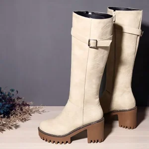 Bottes femme beiges hautes à talon cranté