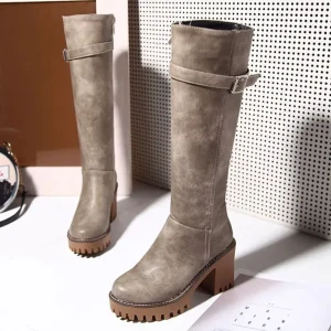 Bottes femme grises hautes à talon cranté