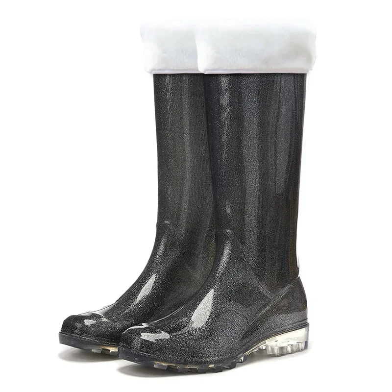 Bottes de pluie femme noires pailletées à revers clair