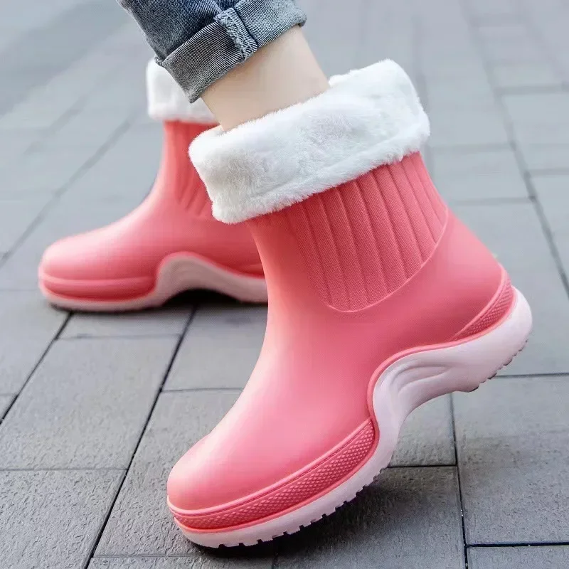 Bottes de pluie courtes pour femme avec doublure chaude en caoutchouc imperméable