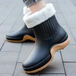 Bottines de pluie femme noires à revers fourré blanc
