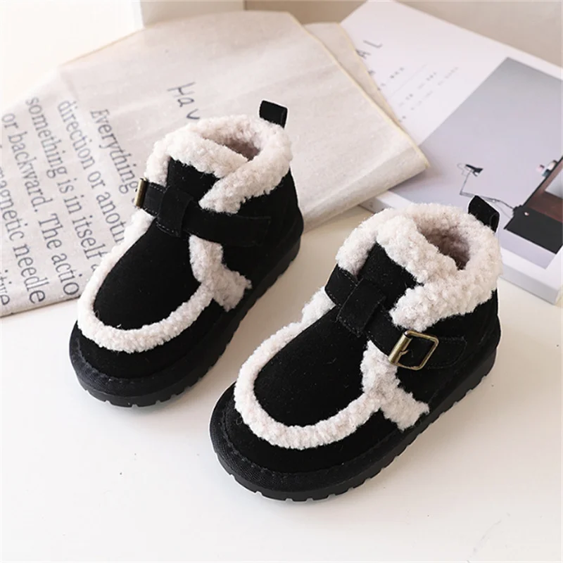 Bottes de neige chaudes en cuir noir pour enfant