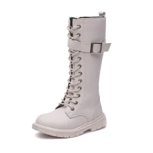 Bottes hautes fille en cuir effet blanc fourrées velours