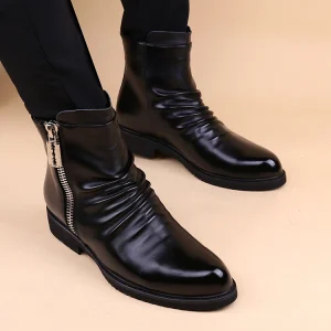 Bottines homme noires plissées avec zip latéral élégantes