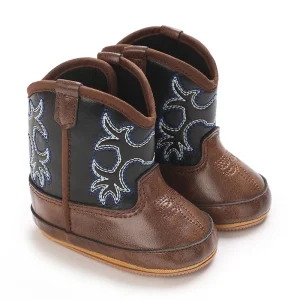 Bottines bébé western café à broderies bleues