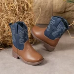 Bottines cowboy pour fille marron à tige bleue brodée