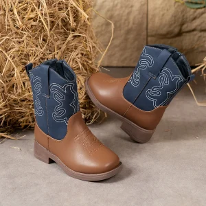 Bottines cowboy pour fille marron à tige bleue brodée