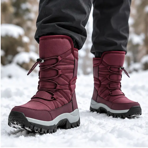 bottes homme bordeaux fourrees a lacets portees en marchant avec un pantalon sombre 45287