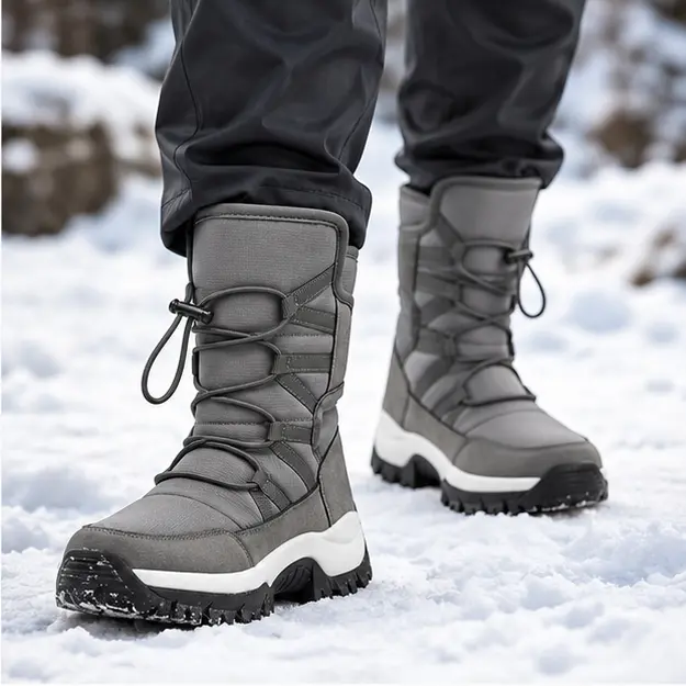 bottes homme grises fourrees a lacets portees en marchant avec un pantalon sombre 45286