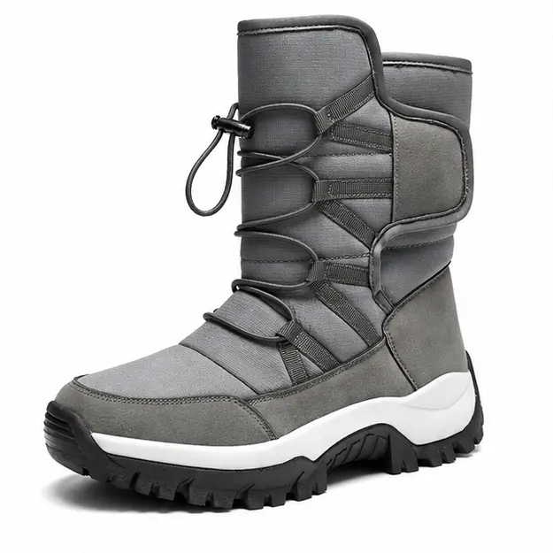 bottes homme grises fourrees a lacets vue de trois quarts sur fond blanc 45286