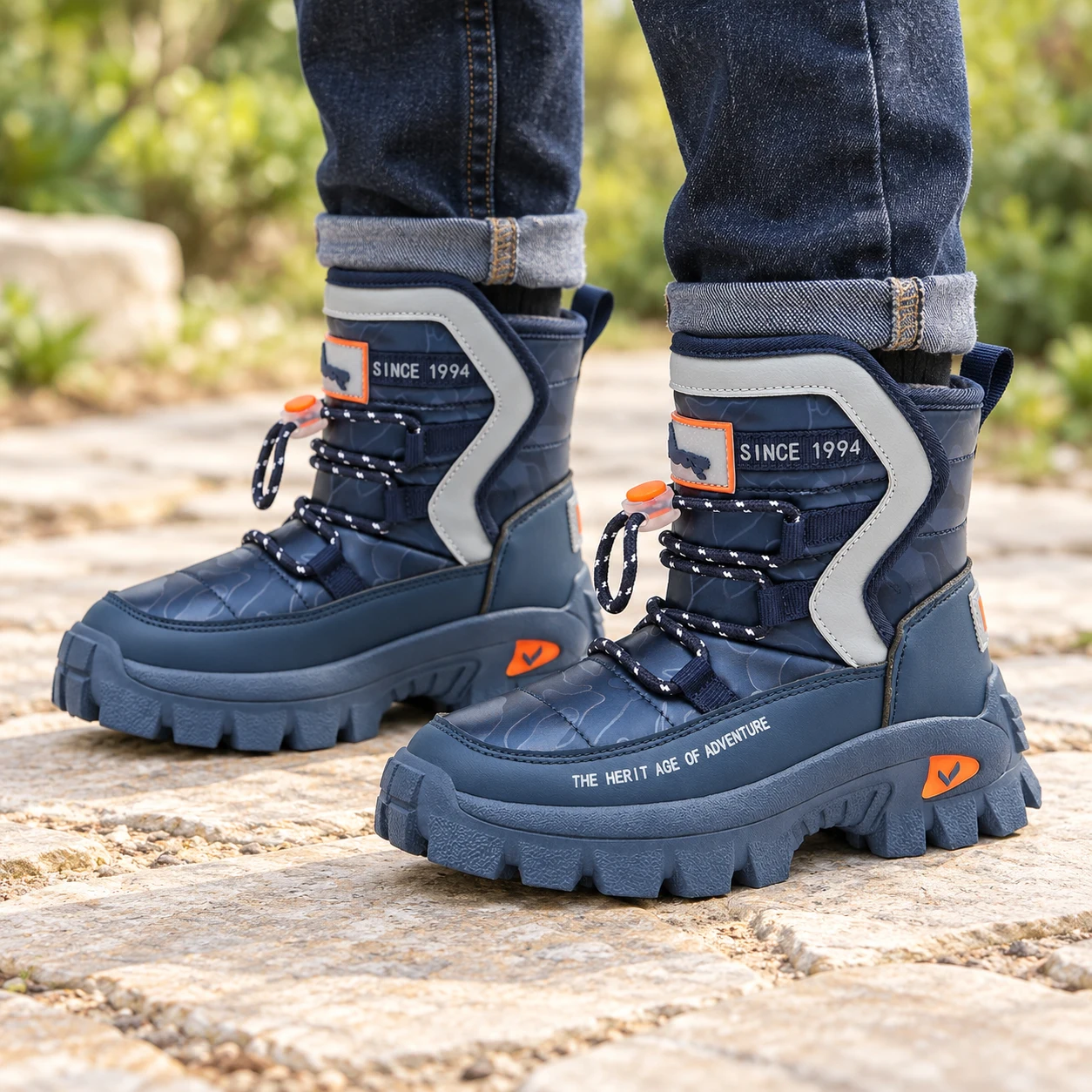 bottine enfant bleu marine a lacets et details orange mise en situation portees