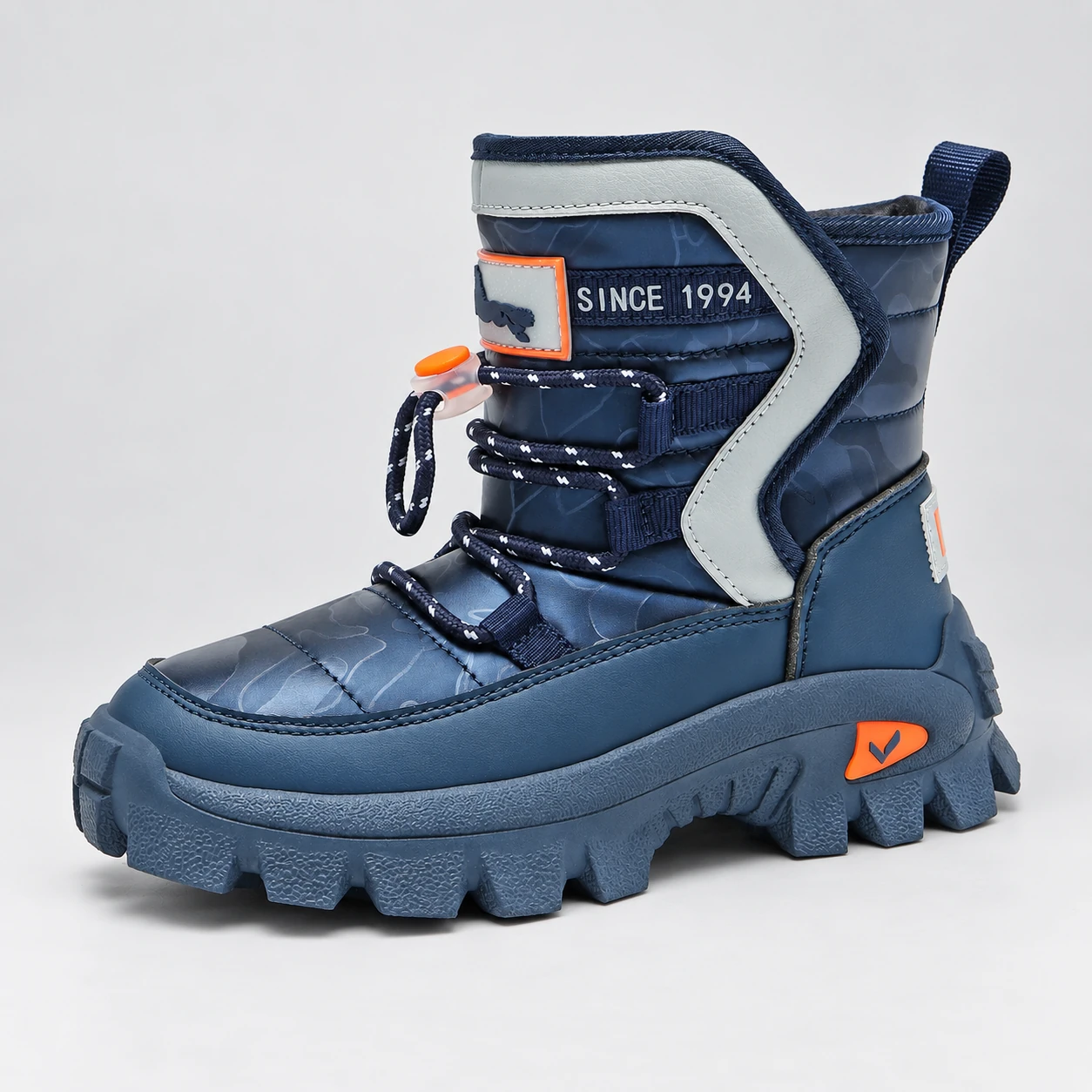 bottine enfant bleu marine a lacets et details orange presentation fond neutre
