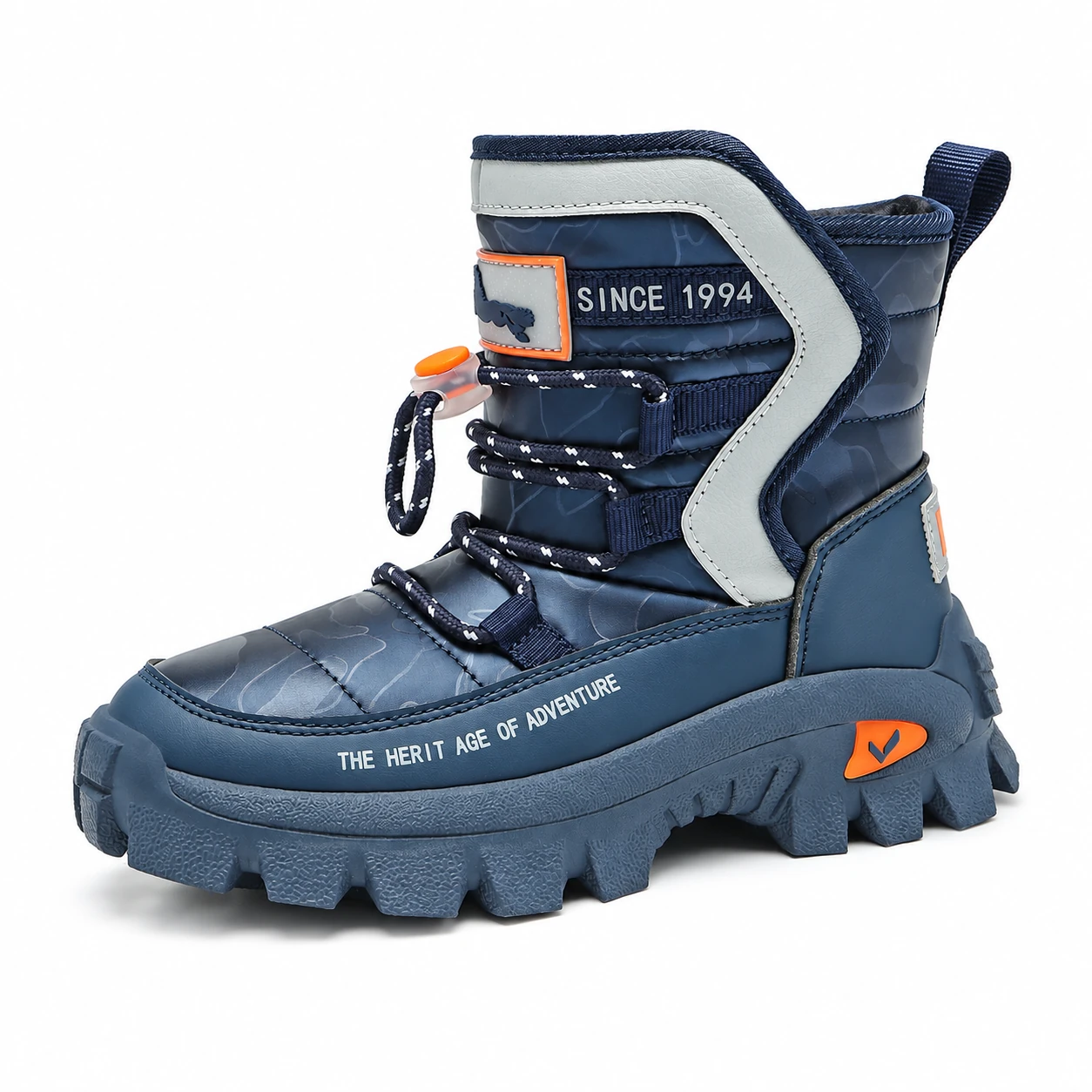 bottine enfant bleu marine a lacets et details orange vue ensemble fond blanc