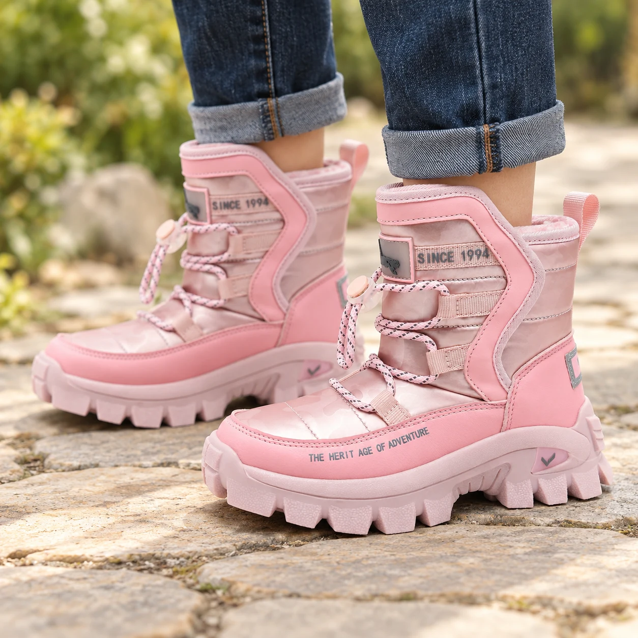 bottine enfant rose a lacets avec bloqueur mise en situation portees