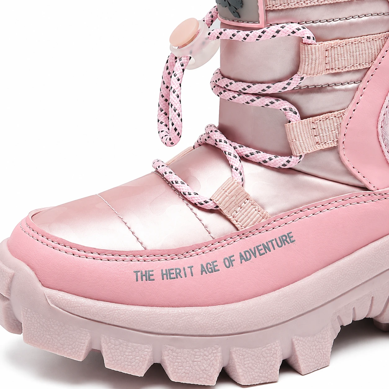 bottine enfant rose a lacets avec bloqueur vue rapprochee finitions