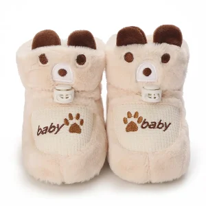 bottines bebe abricot fourrees a motif ourson sur fond blanc
