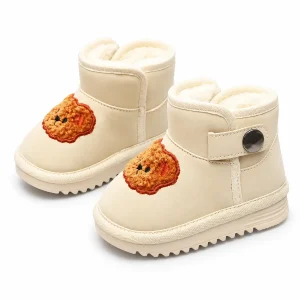 bottines bebe beiges fourrees a motif lion sur fond blanc