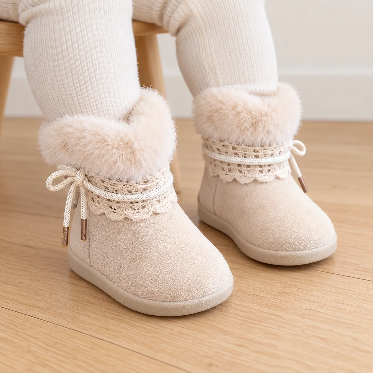 bottines bebe fille beiges fourrees a noeud portees par un bebe
