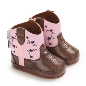 bottines bebe fille roses et marron western brodees sur fond blanc