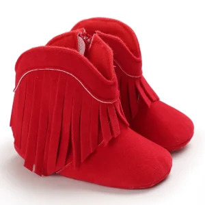bottines bebe fille rouges a franges sur fond blanc