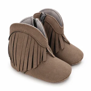 bottines bebe gris taupe a franges vue ensemble fond blanc
