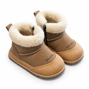 bottines bebe marron fourrees en microfibre a zip sur fond blanc