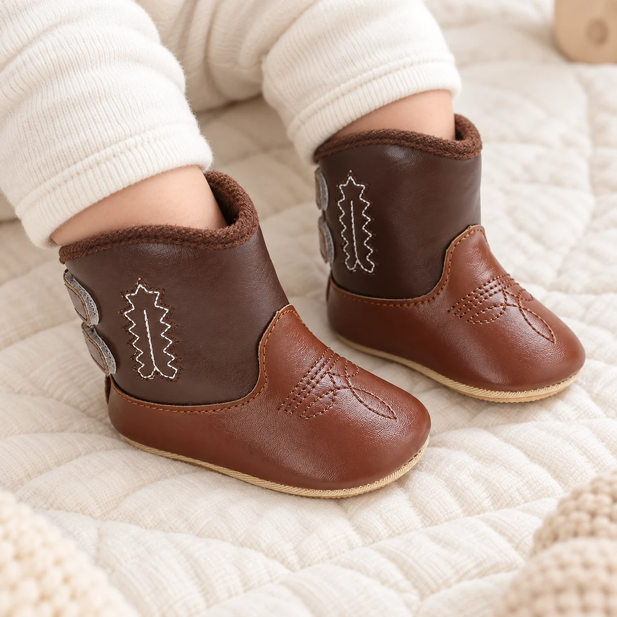 bottines bebe western marron bicolores a coutures decoratives mise en situation portees