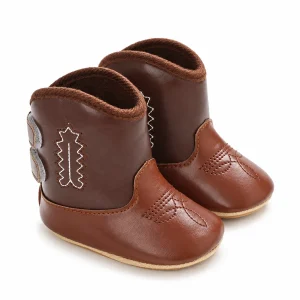 bottines bebe western marron bicolores a coutures decoratives vue ensemble fond blanc