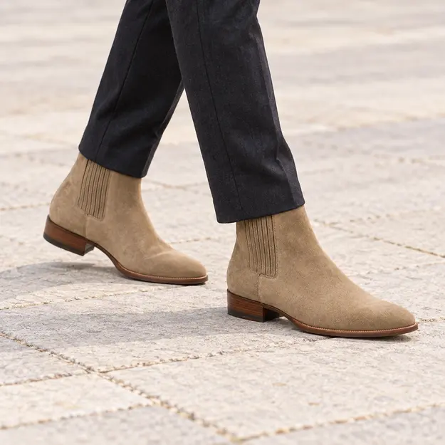bottines chelsea homme beige taupe a bout effile portees en marchant avec un pantalon sombre 45383