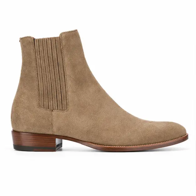 bottines chelsea homme beige taupe a bout effile vue de profil sur fond blanc 45383