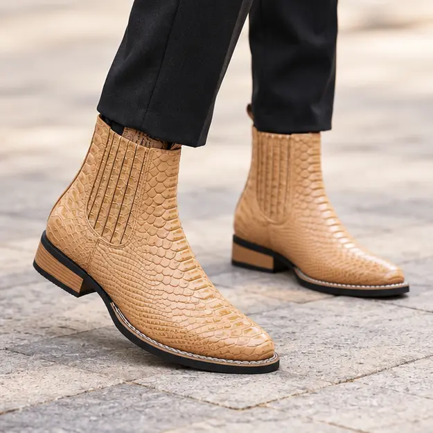 bottines chelsea homme beiges effet reptile portees en marchant avec un pantalon sombre 45373