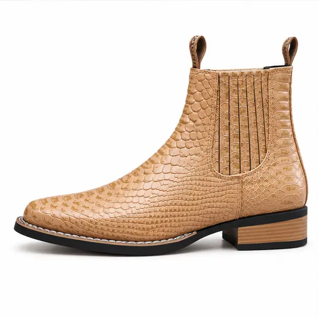 bottines chelsea homme beiges effet reptile vue de profil sur fond blanc 45373