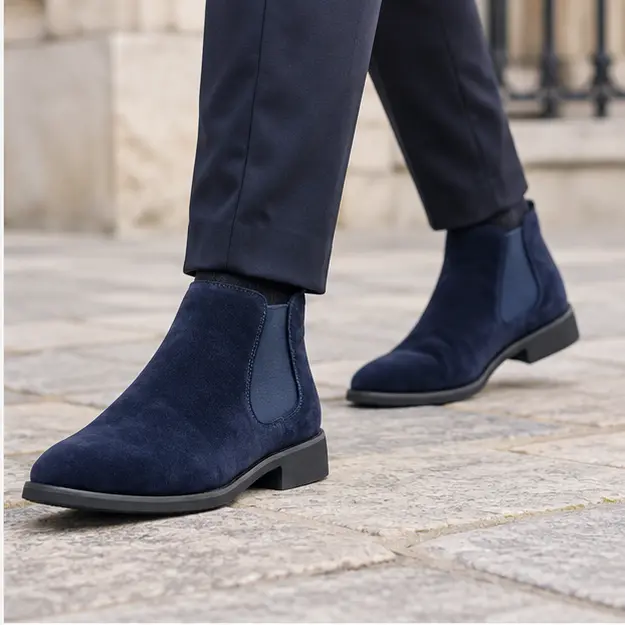 bottines chelsea homme bleues en suedine portees en marchant avec un pantalon sombre 45292