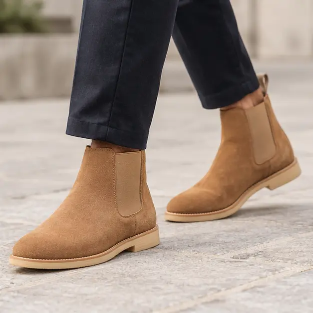 bottines chelsea homme camel a finition veloutee portees en marchant avec un pantalon sombre 45395