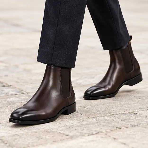 bottines chelsea homme marron a bout carre portees en marchant avec un pantalon sombre 45369