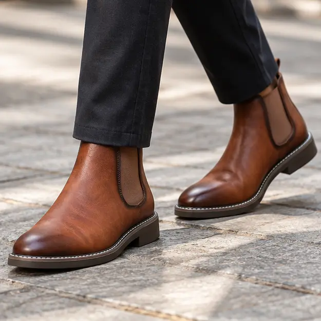 bottines chelsea homme marron a coutures contrastantes portees en marchant avec un pantalon sombre 45319