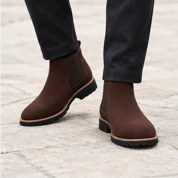 bottines chelsea homme marron a effet givre portees en marchant avec un pantalon sombre 45397