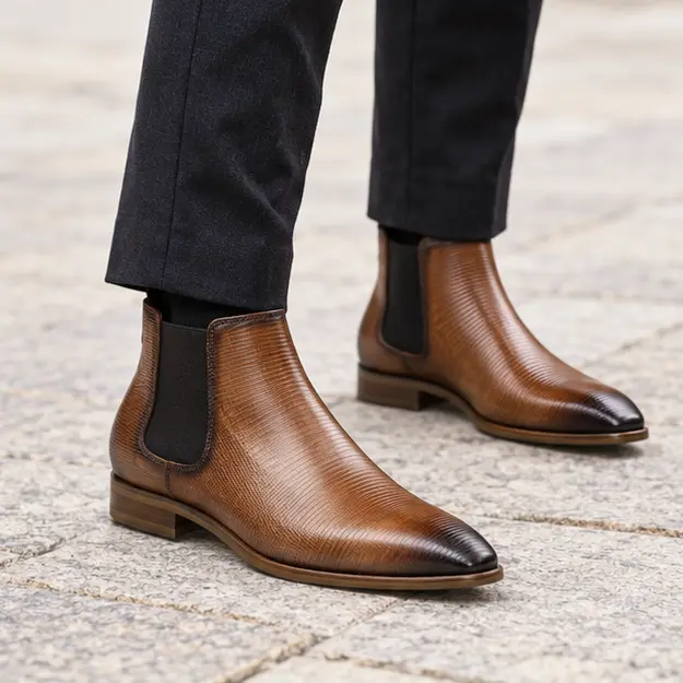 bottines chelsea homme marron a effet patine portees en marchant avec un pantalon sombre 45377