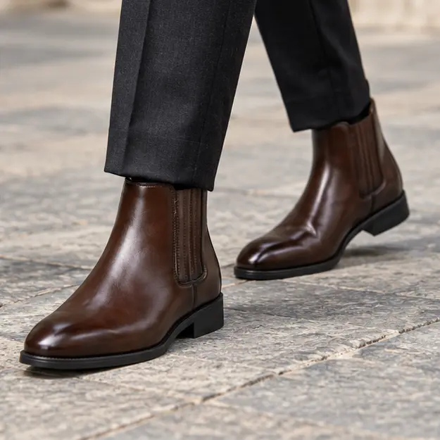 bottines chelsea homme marron a elastiques nervures portees en marchant avec un pantalon sombre 45362