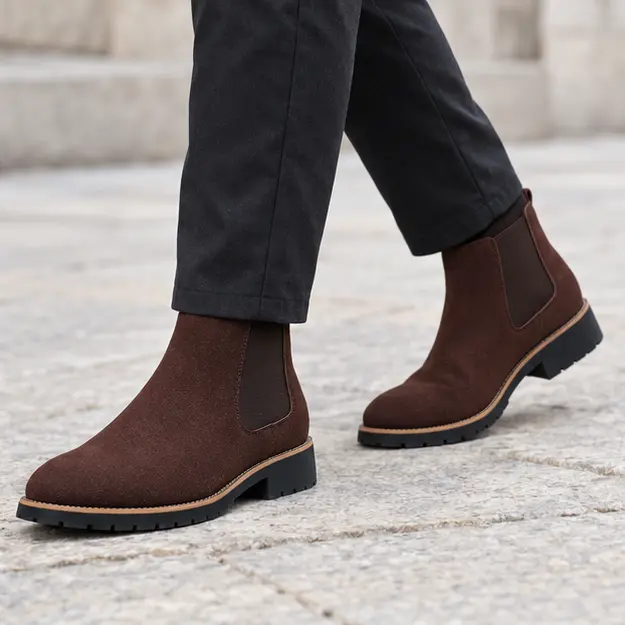bottines chelsea homme marron a finition mate portees en marchant avec un pantalon sombre 45400