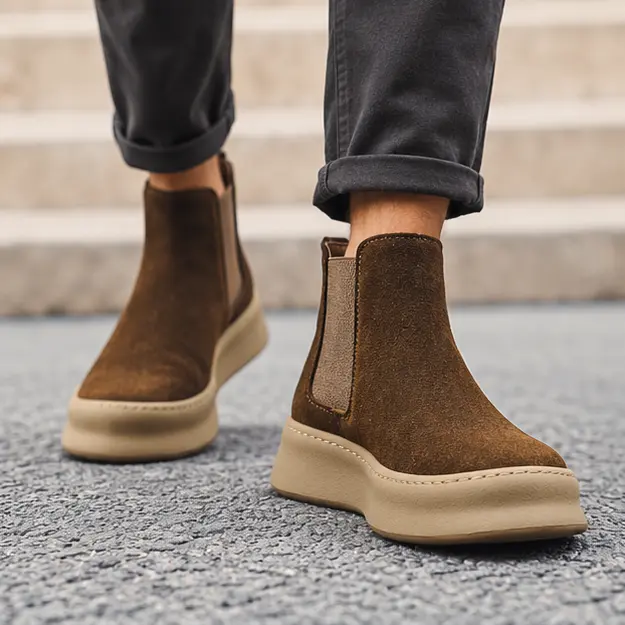 bottines chelsea homme marron a semelle beige portees en marchant avec un pantalon sombre 45332