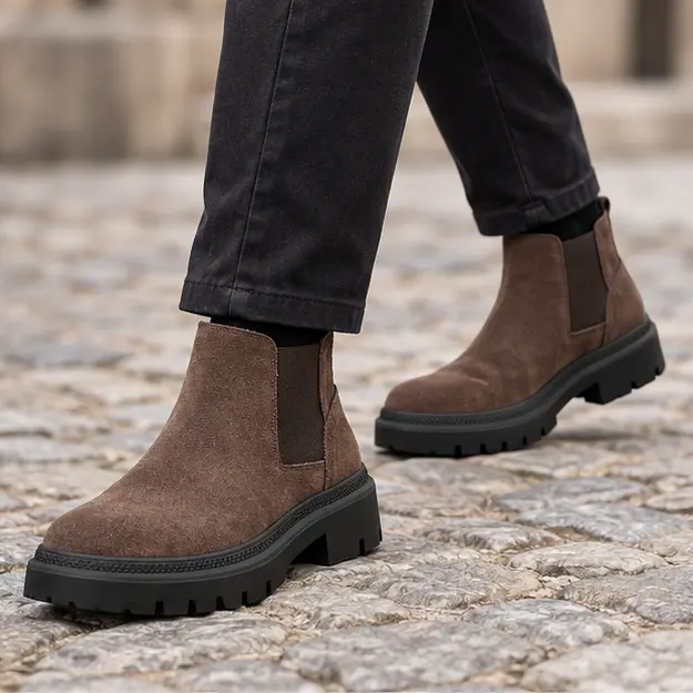 bottines chelsea homme marron a semelle crantee portees en marchant avec un pantalon sombre 45318