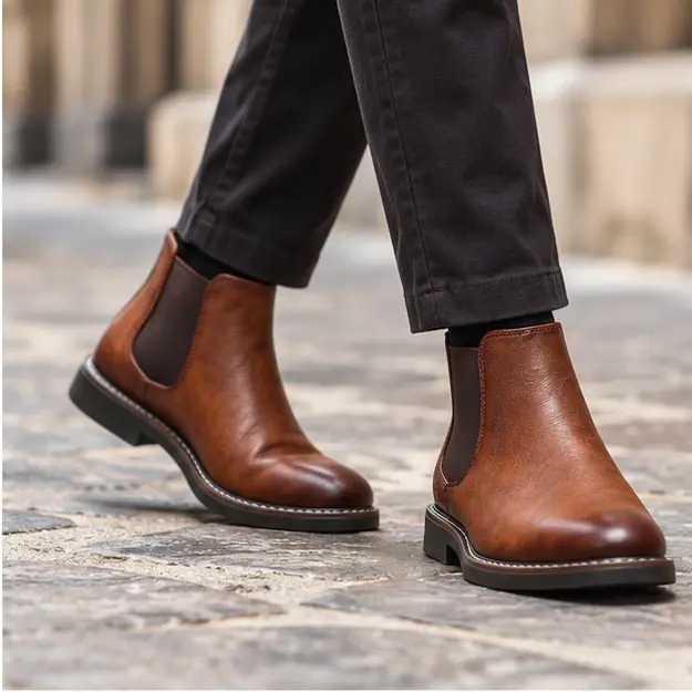 bottines chelsea homme marron a tige unie portees en marchant avec un pantalon sombre 45341