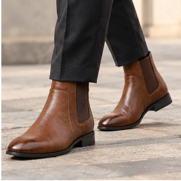 bottines chelsea homme marron chataigne en similicuir portees en marchant avec un pantalon sombre 45359