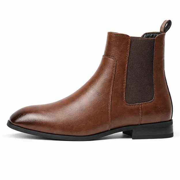 bottines chelsea homme marron chataigne en similicuir vue de profil sur fond blanc 45359