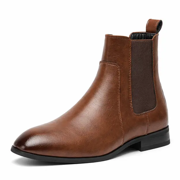 bottines chelsea homme marron chataigne en similicuir vue de trois quarts sur fond blanc 45359