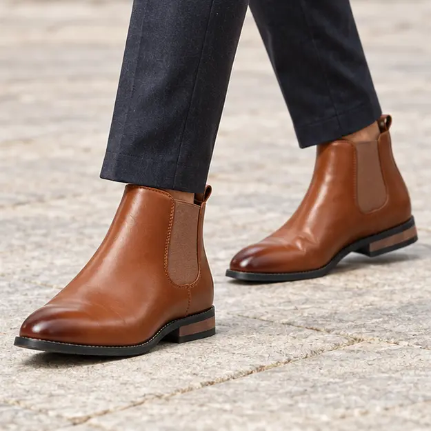 bottines chelsea homme marron clair a ligne lisse portees en marchant avec un pantalon sombre 45371