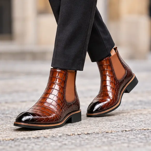 bottines chelsea homme marron effet crocodile portees en marchant avec un pantalon sombre 45357