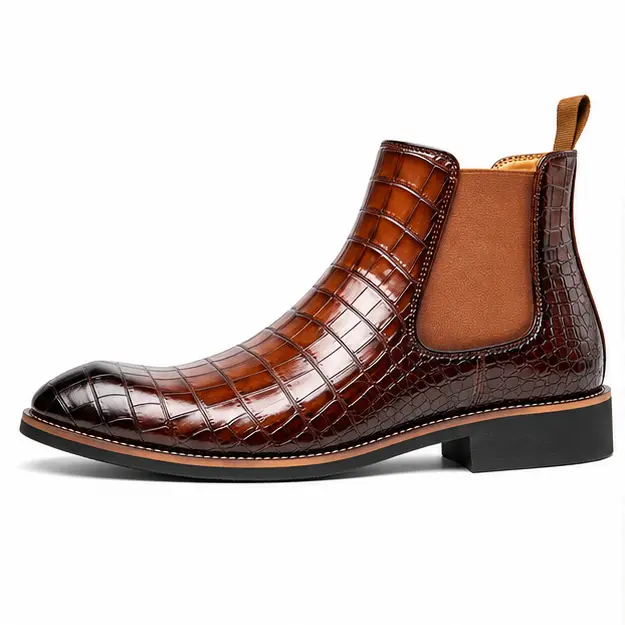 bottines chelsea homme marron effet crocodile vue de profil sur fond blanc 45357