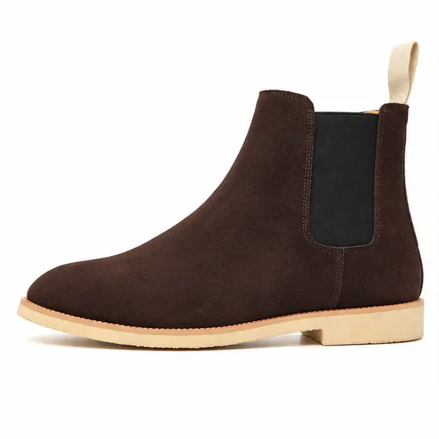 bottines chelsea homme marron fonce a semelle claire vue de profil sur fond blanc 45409